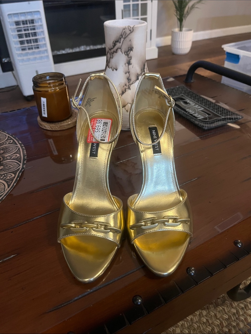 LIKE NEW ! Nine West Gold Chain-Accent Ankle-Strap Heels